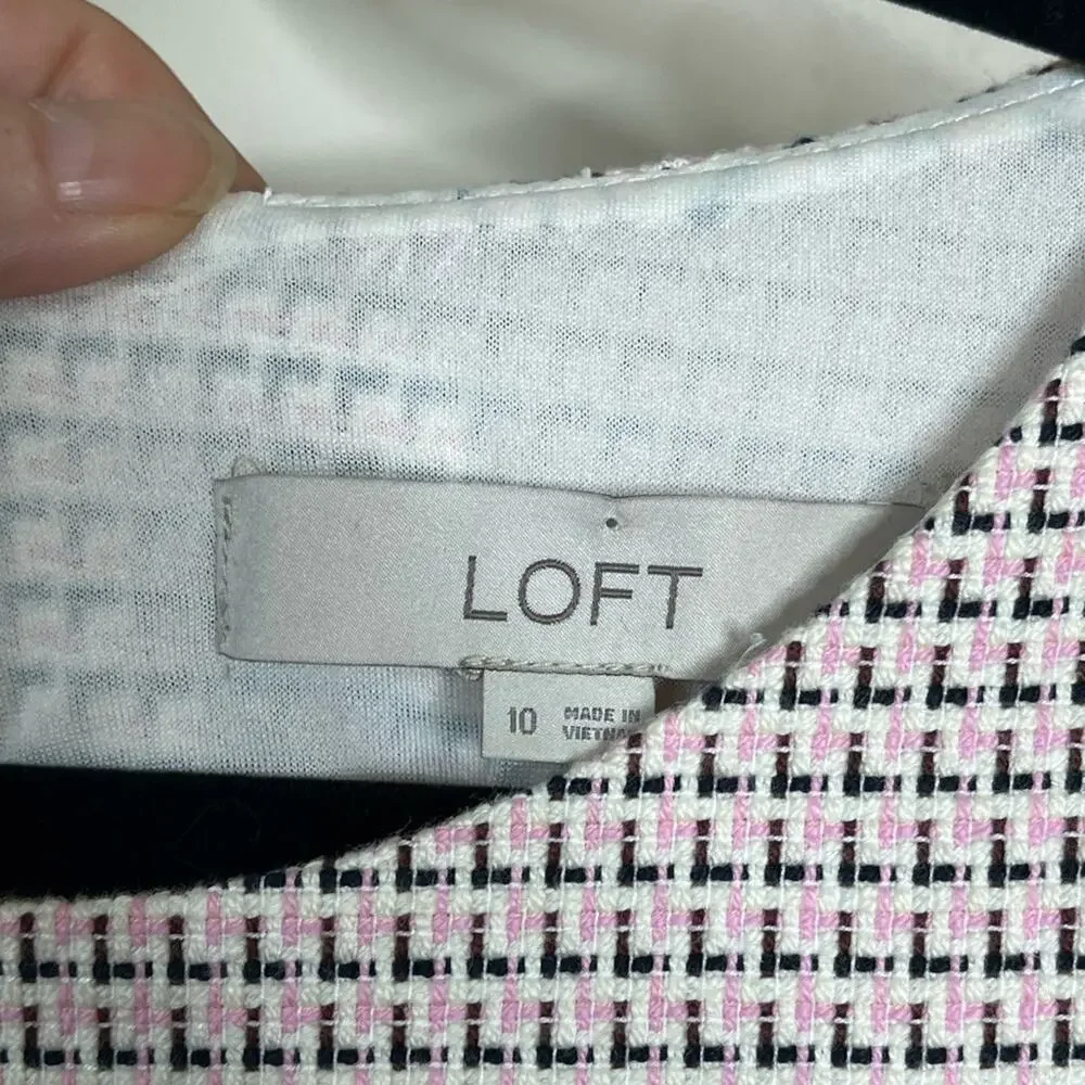 LOFT Pink/White/Black Tweed Fringe Hem Sheath Dress Size 10 office career - Picture 6 of 7